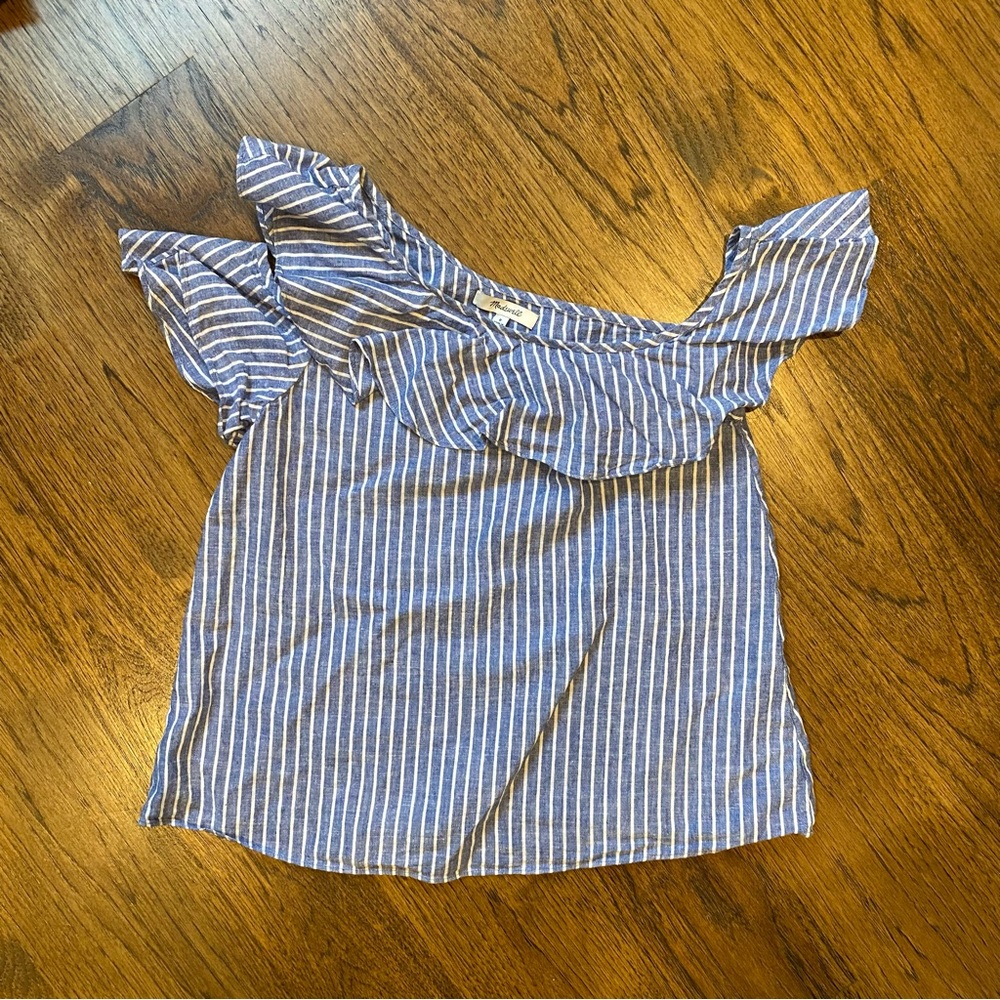 Madewell Denim Striped One Shoulder Ruffle Top - Picture 4 of 5